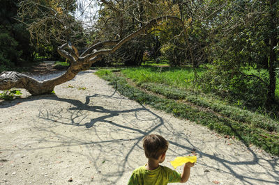 Rear view of boy on dirt road