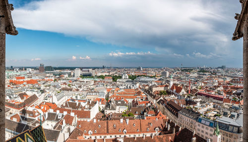 High angle shot of townscape against sky