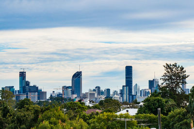 Trees and buildings in city against sky