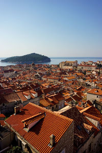 High angle view of townscape against clear sky