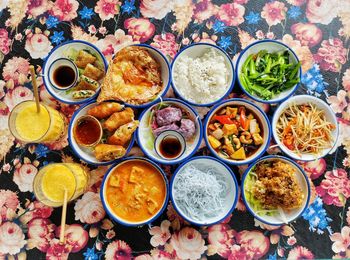 High angle view of meal served on table