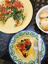 High angle view of breakfast served on table