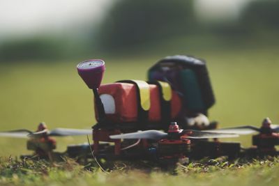 Close-up of toy playing on field