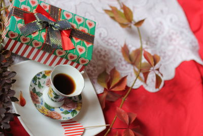 High angle view of coffee on table
