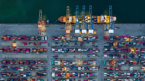 High angle view of illuminated commercial dock at harbor