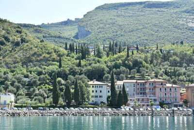 Scenic view of river with mountain in background