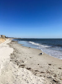 Scenic view of beach against clear blue sky