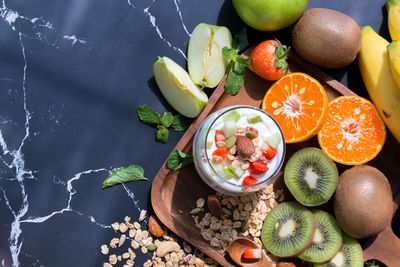 High angle view of fruits in bowl on table