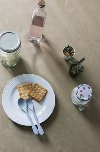 High angle view of breakfast on table