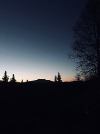 Silhouette trees on field against clear sky during sunset