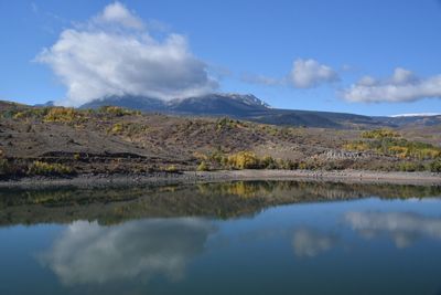 Scenic view of lake and mountains against sky