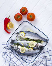 High angle view of fish on table