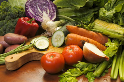 High angle view of fruits and vegetables on table