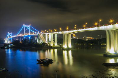 Illuminated bridge over river at night