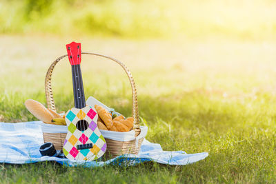 Multi colored wicker basket on field