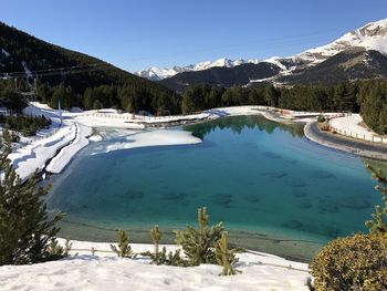 Scenic view of snowcapped mountains by lake against sky