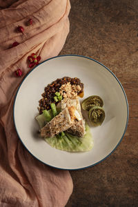 High angle view of meal served on table