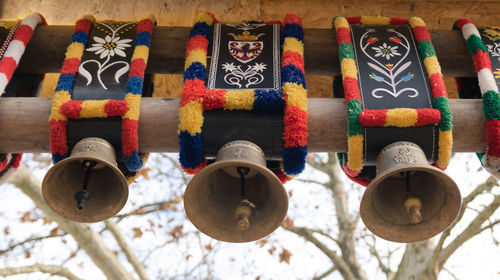 Low angle view of lanterns hanging on wood