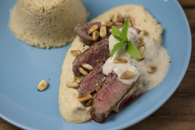 Close-up of food in plate on table