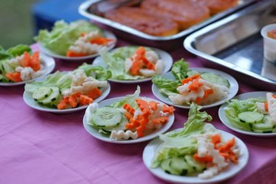 Close-up of salad served on table