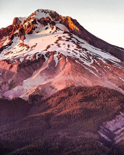 Scenic view of snow covered mountain against clear sky during sunset