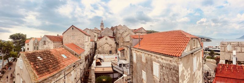 High angle view of residential district against sky