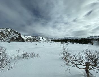 Scenic view of snowcapped mountains against sky