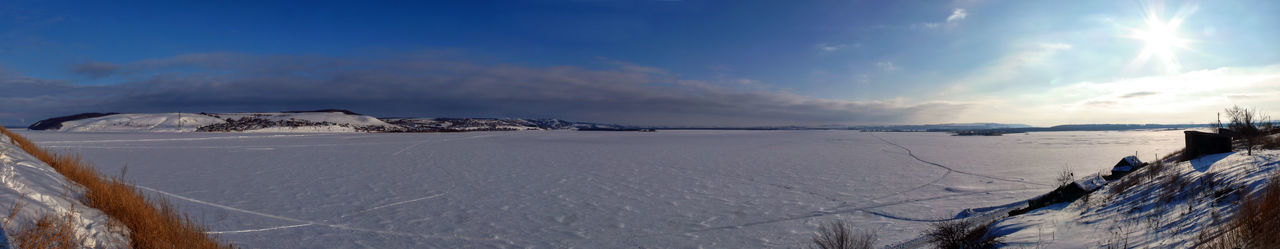 Panoramic view of landscape against sky during winter