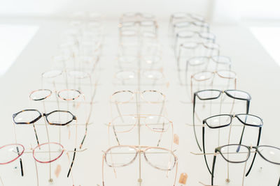 High angle view of glasses on table