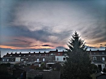 High angle view of townscape against sky at sunset