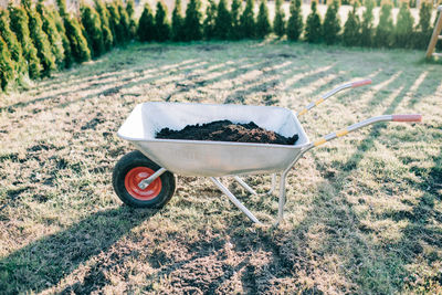 Wheelbarrow filled with soil on a lawn at sunset