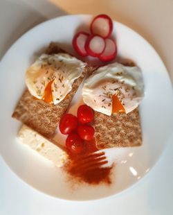 High angle view of breakfast served in plate