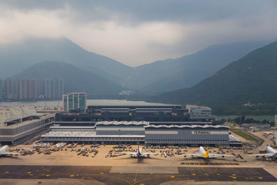 High angle view of buildings in city