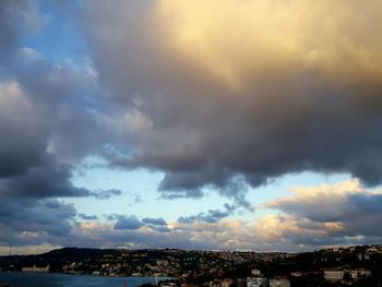 Storm clouds over city buildings during sunset
