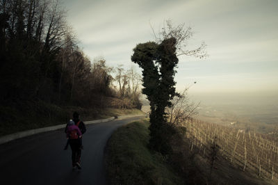 Rear view of man riding bicycle on road