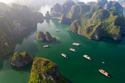 High angle view of boats in sea