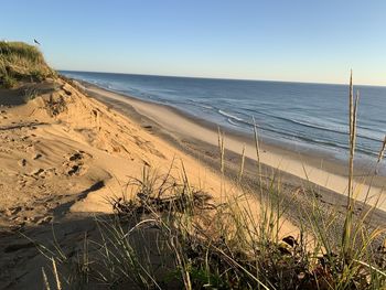 Scenic view of beach against clear sky