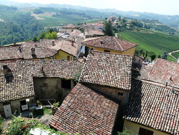 High angle view of houses against landscape