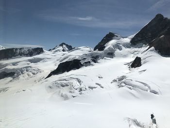 Scenic view of snow covered mountains against sky