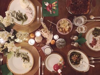 High angle view of food served on table