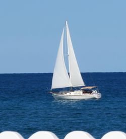 Sailboat sailing in sea against clear sky