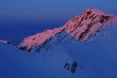 Scenic view of snowcapped mountains against clear blue sky