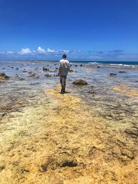 Rear view of man walking on beach against sky