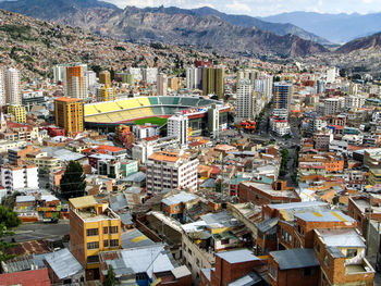 High angle view of buildings in city