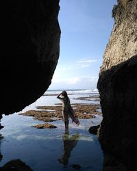 Bird standing on rock by sea against sky