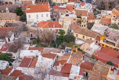 Aerial view of preserved historic buildings in the plaka neighborhood of athens, greece