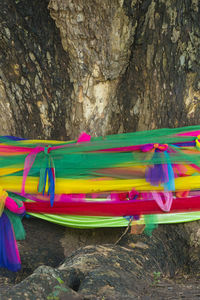 Multi colored umbrellas on rock at beach