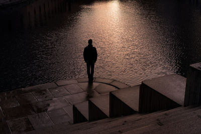 Rear view of man standing by lake at night