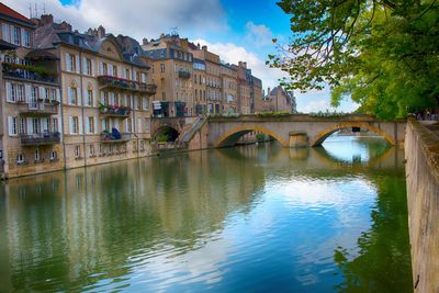 Reflection of bridge in water against sky