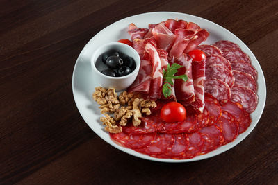 High angle view of breakfast served on table